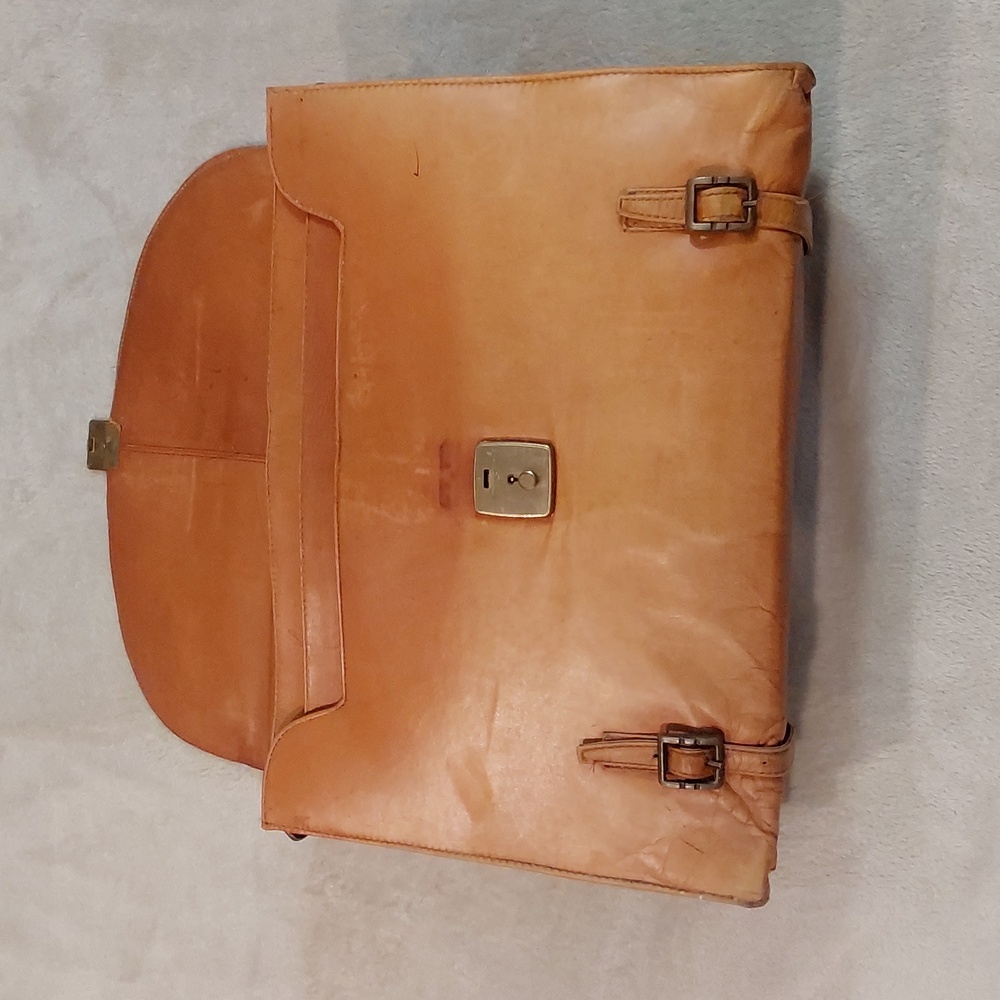Vintage Genuine Distressed Tan Leather Portfolio Mens Briefcase - Picture 8 of 16